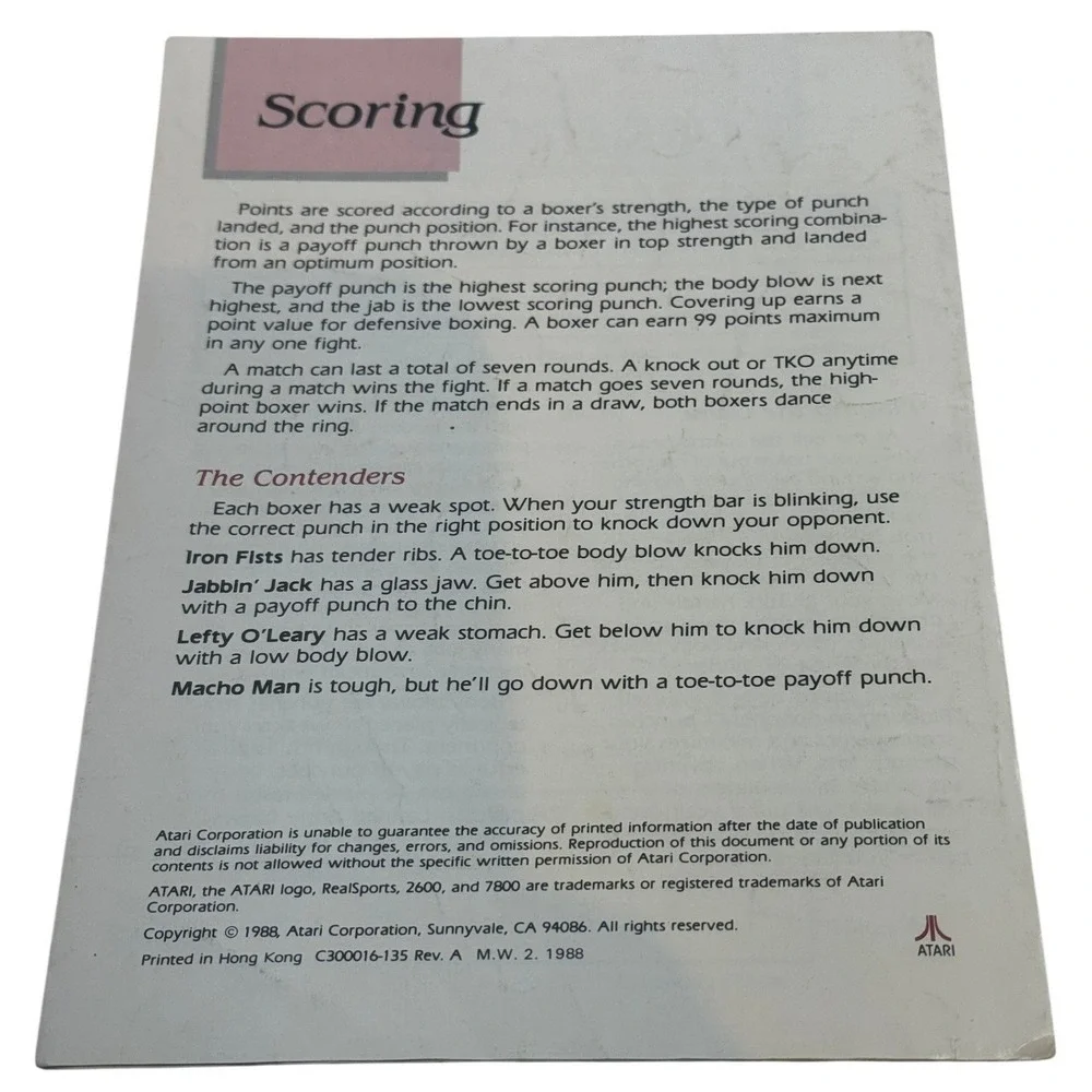 Atari 2600 RealSports Series Boxing Game‎ Manual C300016-135 Rev A 1988 Booklet